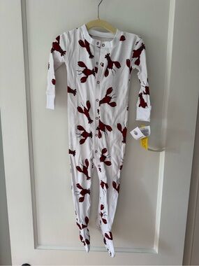 Kids White Footed Pajama One-Piece with Red Lobster Print
